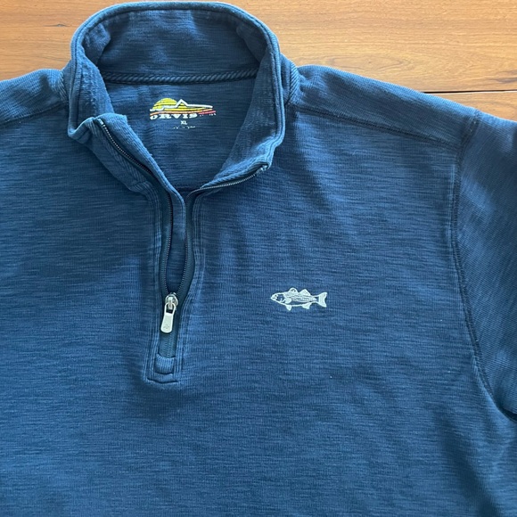 🐟 Orvis XL Navy Blue Quarter Zip Cotton Sweater Embroidered Fish Classic Outdoor - Picture 1 of 9